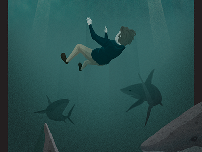 That dark feeling. abyss drowning falling illustration ocean sharks teals