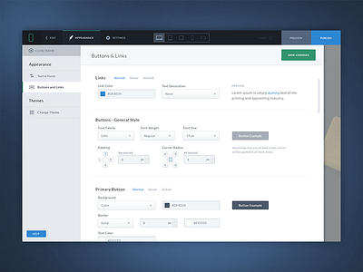 Dashboard - Buttons & Links settings. appearance blue dark dashboard interface page builder settings ui