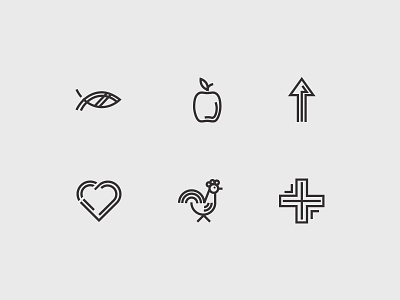 Catalog Icons apple arrow cross fish heart icon iconography line art nonprofit rooster vector