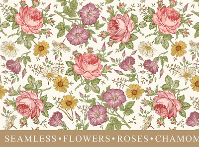 Set Seamless Flowers Roses Chamomile app branding graphic design illustration illustrator logo minimal typography ui vector website