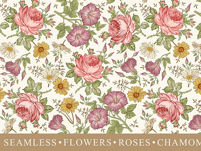 Set Seamless Flowers Roses Chamomile