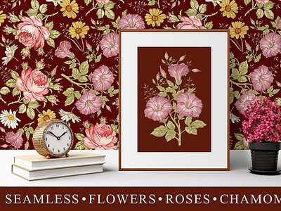 Set Seamless Flowers Roses Chamomile