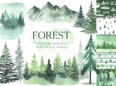 Watercolor Green Forest Set animation branding design graphic design icon illustration illustrator typography ux vector website