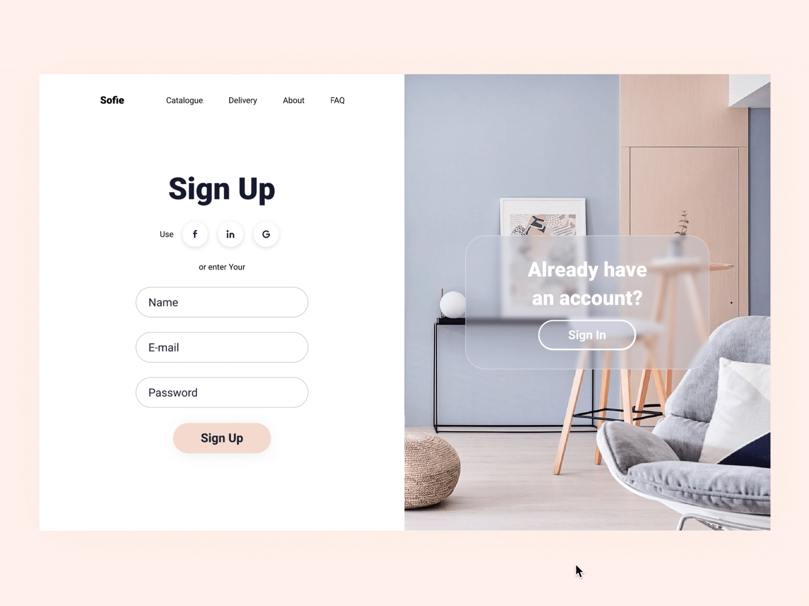 Furniture Online Store Sign In / Sign Up Form Animation animation concept design figma form furniture minimalism onlinestore pastel ui uidesign ux uxdesign uxui web webdesign