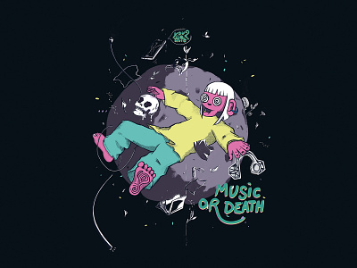 Music or death - Poster black outline cool cute death digital art floating girl gravity high illustration music pink yellow blue poster space t shirt design