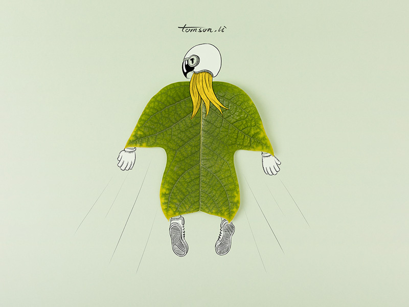 Bat clothing extreme sport green leaves girl fly bat clothing still life photography creative illustration painting drawing