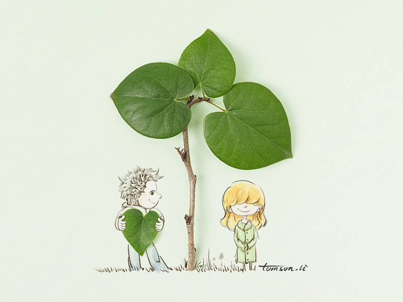 love confession green cute leaves girl boy still life photography creative illustration painting drawing love