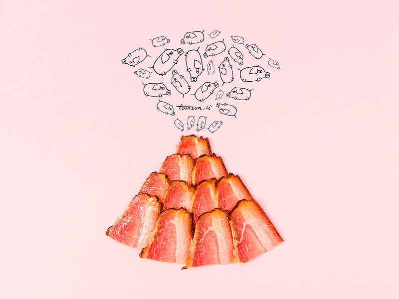 volcanic food cute pigs bacon still life photography creative illustration painting drawing volcanic