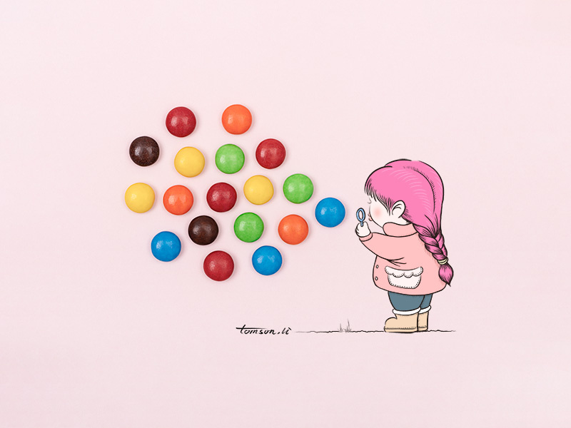 blowing bubbles mm chocolate beans girl still life photography creative illustration painting drawing bubbles