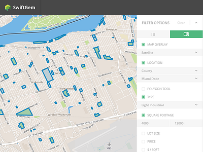 SwiftGem Dashboard console filter gem green grey inputs map swift ui ux webstite