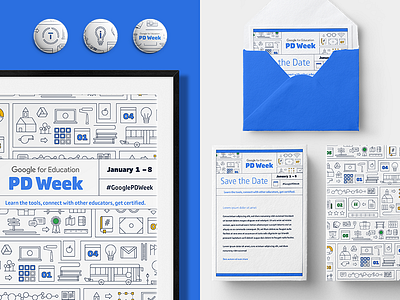 PD Week branding design education google icons illustration invite pattern poster print swag