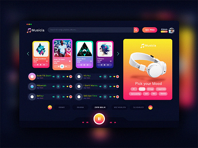 Musicia Web App animation app concept dark flat lettering minimal music player shape type web