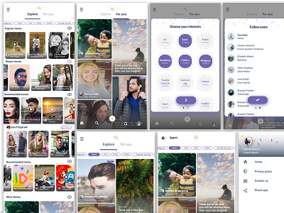 Interactive -Social App add friends app design categories choose discover explore for you instagram interests label popup product branding product designer sketch snapchat stories tab bar ui uiux users