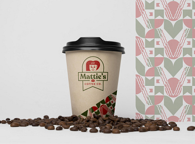 Mattie`s Coffee Co. Logo, Cup + Pattern book store bookmark character coffee coffee cup coffee cup design coffee house coffee store emblem face logo food and drink fooddrink green logo mattie`s coffee co. pattern red