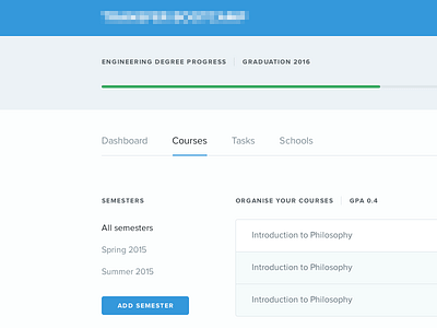 Courses blue button dashboard menu nav progress bar table tabs ui web