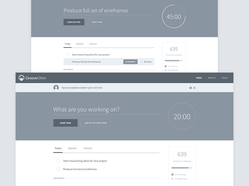 Wireframes wireframes grayscale productivity timer countdown web app web tabs input progress pomodoro