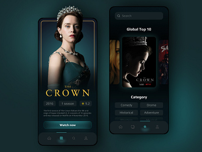 Movie Streaming App app design cinema clean dark theme dark ui green hbo innovation mobile app movie netflix player series smart streaming the crown tv ui ux video