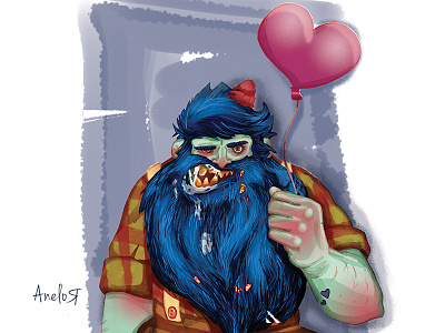 Barnabé, the lovely ogre (pizza eater) ballon bear blue happy heart illustration love people pizza slime st valentines day