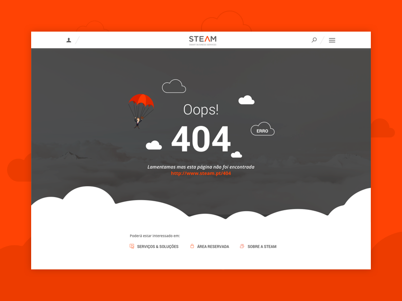 404 - Steam steam orange ux ui erro mockup clouds oops page 404