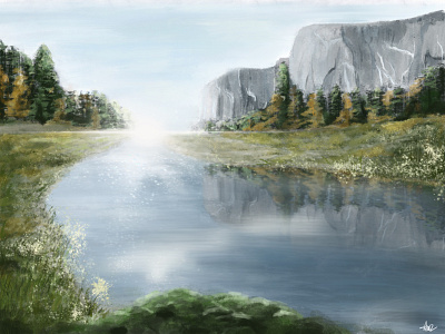 A shimmering morning lake digital painting illustration landscape landscape painting lanscape illustration nature illustration