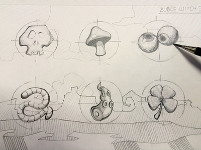 Sketch - Icons based on Bubble Witch Saga eyes game icons mushroom pencil sketch skull tentacle worm