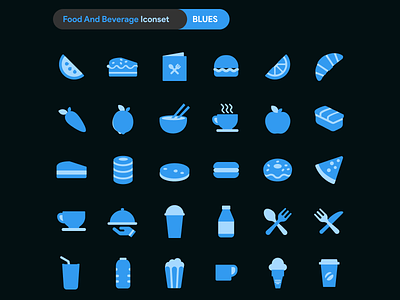 [ $1 ] DuoTone Icon - Food and Beverage Iconset - BLUES banana icon beverage beverage icons burger icons coffee cream roll icon donut icon duo tone duotone flat icon food icon food menu icon healthy food ice cream icon iconset milk icons nachos icon orange icon pizza icon vegetables icons