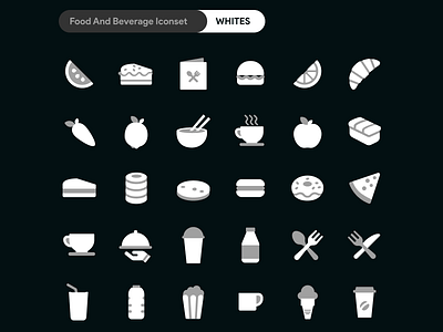 [ $1 ] DuoTone Icon - Food and Beverage Iconset - WHITES banana icon beverage beverage icons burger icons coffee cream roll icon donut icon duo tone duotone flat icon food icon food menu icon healthy food ice cream icon iconset milk icons nachos icon orange icon pizza icon vegetables icons