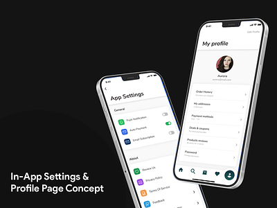 In App Settings and profile page concept UI app config app settings in app settings profile page