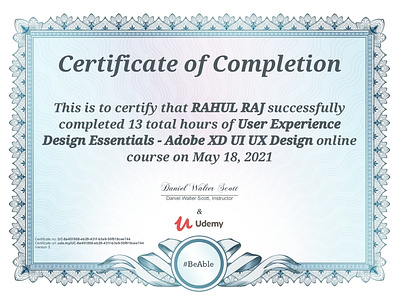 Certificate of completion Of Adobe XD UIUX Design course