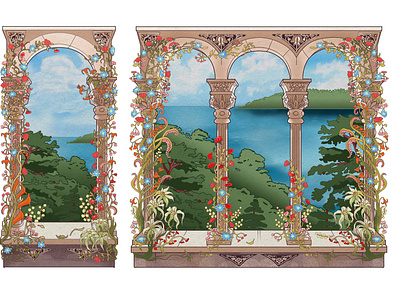 Arch with flowers in the style of Alphonse Mucha