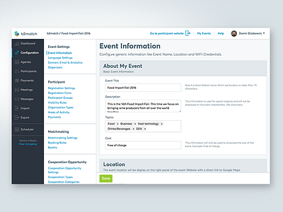 Event Settings config dashboard event form input menu navigation settings