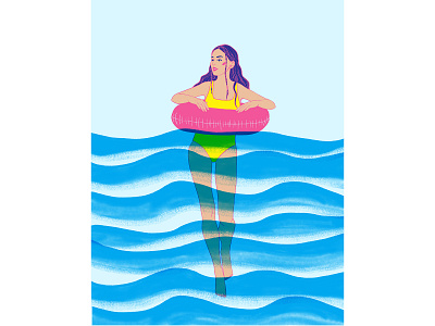A girl swims with a large inflatable ring in the sea. digital drawing fashion illustration illustration