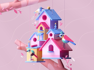 The Birds House 2d 3d architecture birds colors design house illustration pink