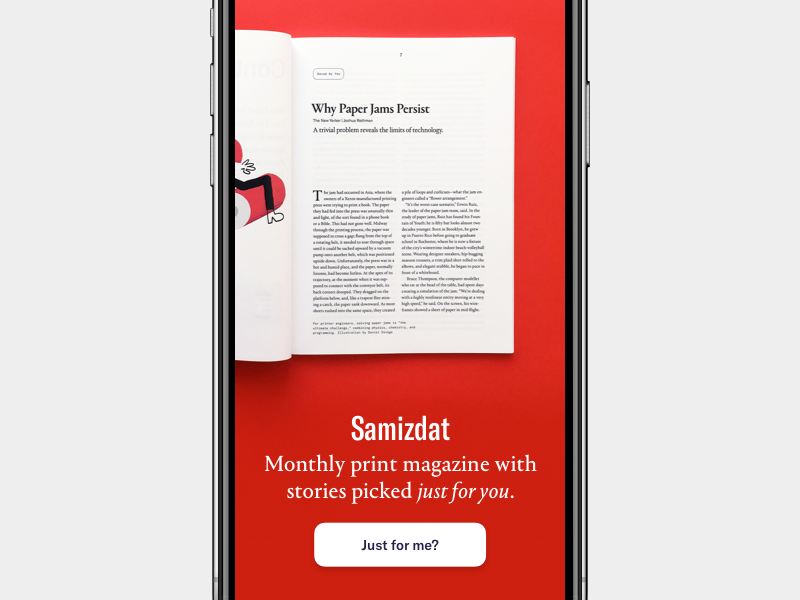 Samizdat 14 print digital magazine launch onboarding intro app