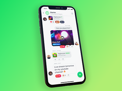 GAMEE – Stories app comments feed friends game gaming post reactions social network ux wall
