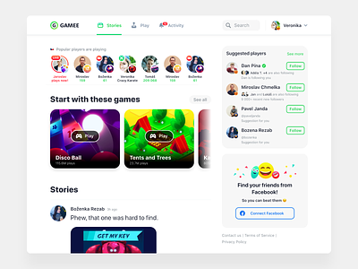 Desktop GAMEE connect feed friends game notifications profile search social gaming social network stories suggested wall website