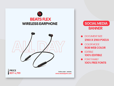 Beats Flex Wireless Earphone - Social Media Banner Template