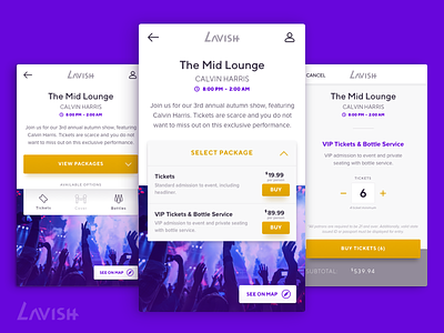 Luxury Entertainment App — Lavish (pt. 2) branding checkout ecommerce entertainment mobile app ticketing ui design user interface