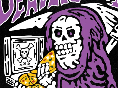 Deadlicious apparel cartoon clothing eating food illustration lowbrow pizza poster reaper retro scythe skeleton tshirts vintage