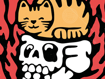 Cat on skull art cartoon illustration merch retro vintage viskontas