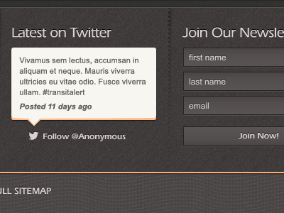 footer nav footer form icons newsletter paper pattern sitemap torn tweet twitter