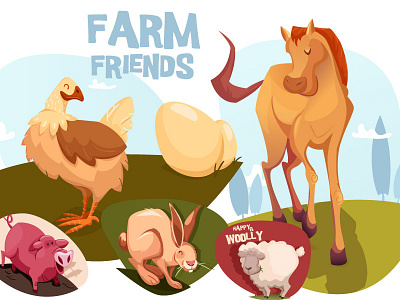 Farm Friends bunny character domestic animals hen horse nature pig sheep vector