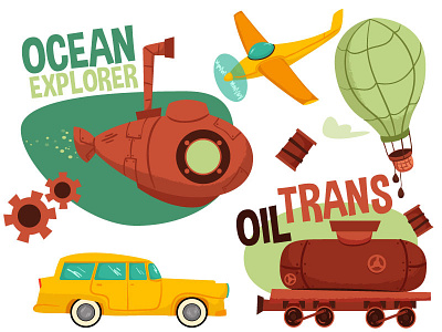 Transportation balloon car editorial illustration oil plane print rails submarine web whimsical