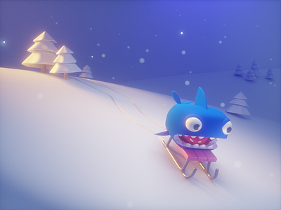 Winter sports 3d blender character dashing through the snow funny illustration nature scared shark snow snowflakes storry winter
