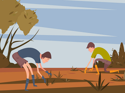 Weeding Workers australian characters eucalyptus illustration red soil weeds workers