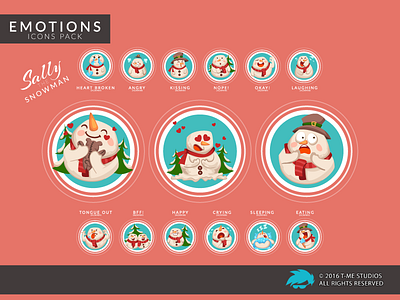 Sally The Snowman character design emotions icons illustrations pack snowman winter