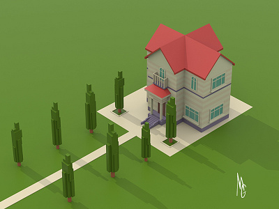 Lonely House 3d field green house illustration isometric lonely mansion simple trees