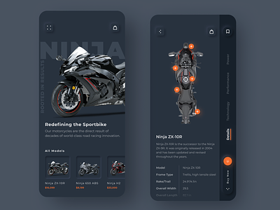 Motorbike App Design app app design application design bike biker black dark darkmode darktheme darkui design minimal mobile modern motorbike app motorcycle ui ui design uiux ux