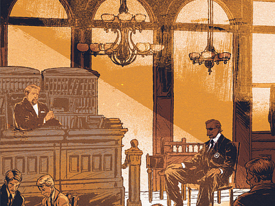 Courtroom book character digital drawn editorial folioart illustration juan esteban rodriguez publishing retro texture