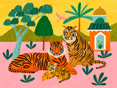 Family animals bodil jane card design digital folioart greetings illustration landscape pattern tiger